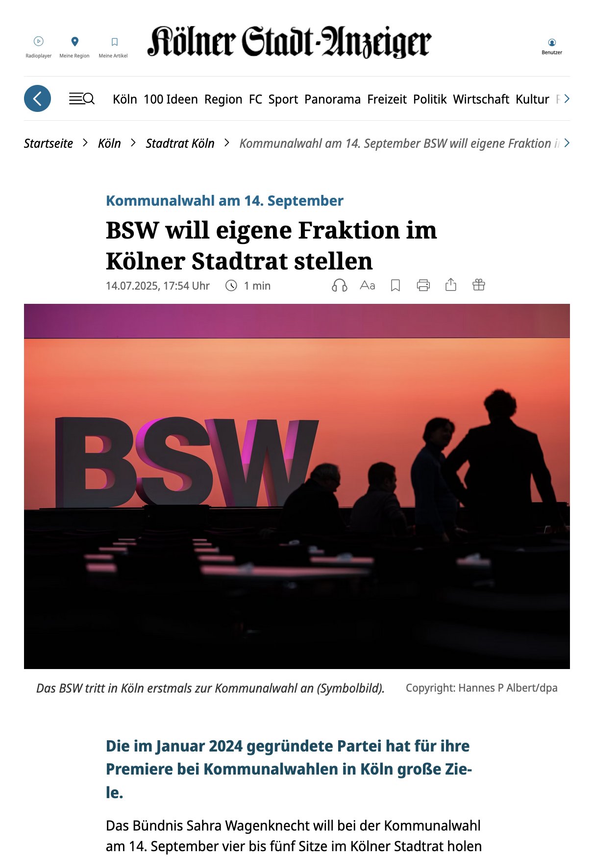 Kölner Stadt-Anzeiger: „BSW will eigene Fraktion im Kölner Stadtrat stellen“