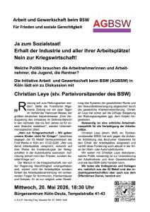 Veranstaltung mit Christian Leye am 20.5.: Ja zum Sozialstaat – Nein zur Kriegswirtschaft