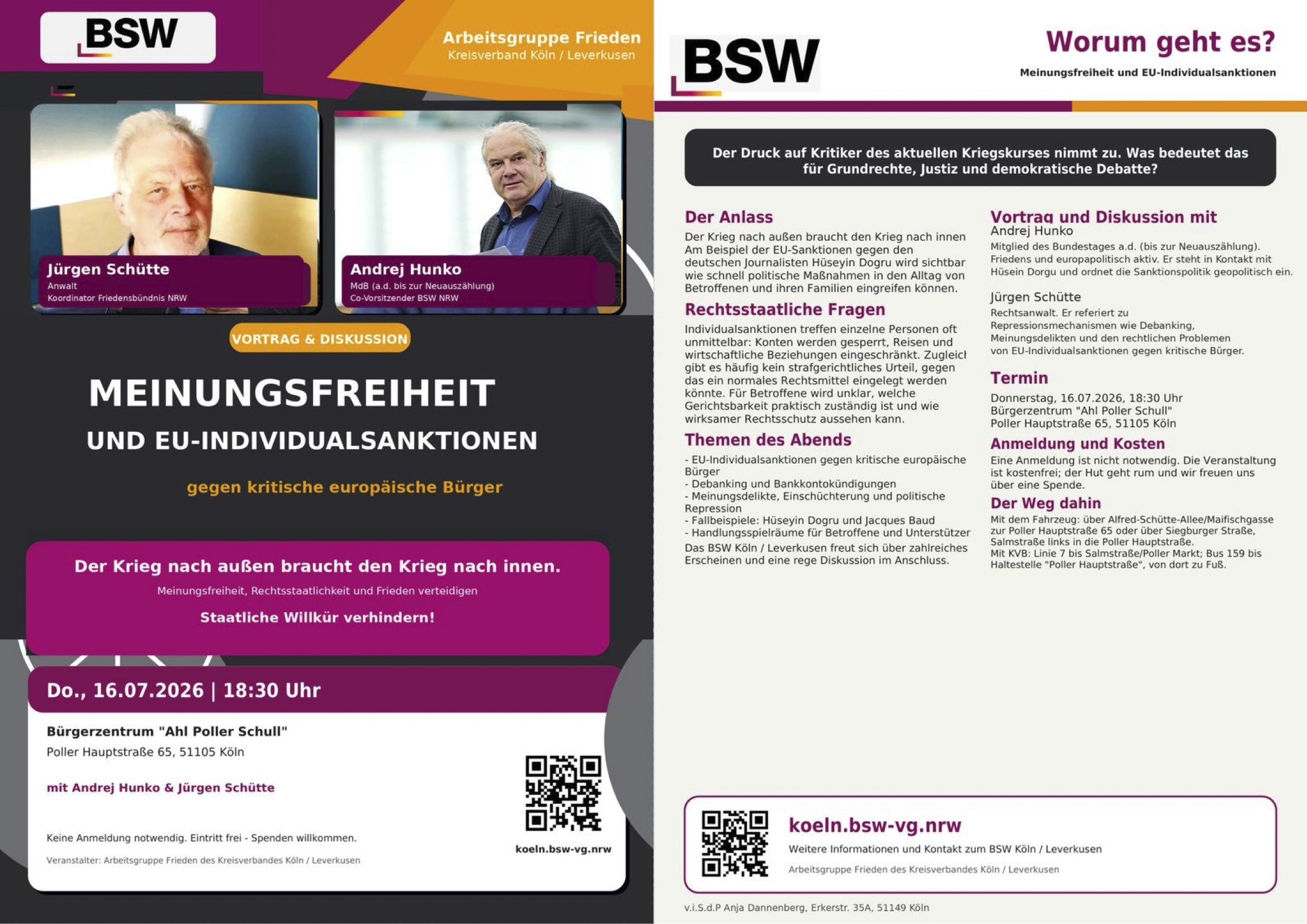 Vortrag am 16.7. zu Meinungsfreiheit: Jürgen Schütte & Andrej Hunko